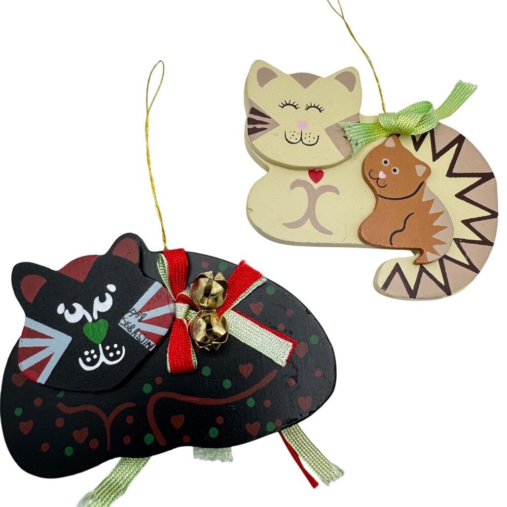 Vintage Kurt Adler 1980s Cat & Kitten Wood Christmas Ornaments Handcrafted